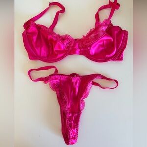 Kat The Label Hot Pink Satin Lace Bra & Thong Set
